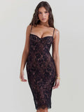 Floral Lace Bustier Spaghetti Strap Scalloped Hem Bodycon Midi Dress