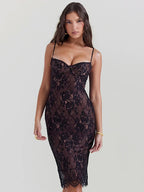 Floral Lace Bustier Spaghetti Strap Scalloped Hem Bodycon Midi Dress