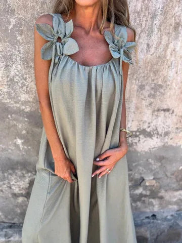 Bow Shoulder Strap Scoop Neck Loose Fit Pocket Maxi Dress