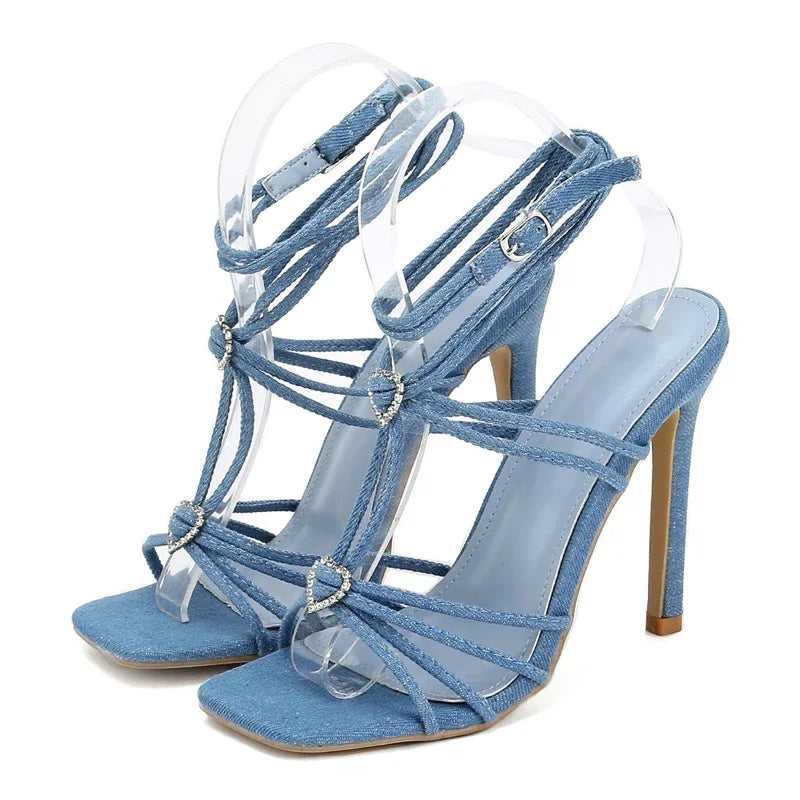Narrow Band Buckle Strap Sandals with Square Toe and Thin High Heels for Women