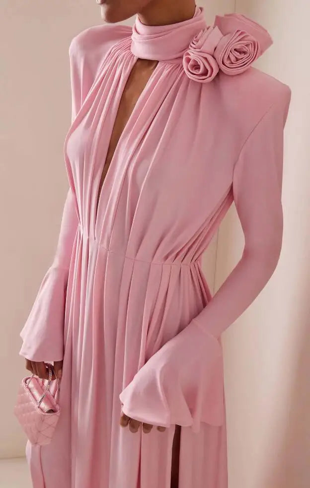 Deep V-Neck Bell Sleeve Scarf Tie Pleated Maxi Dress
