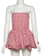 Spring Summer Plaid Tops for Women Streetwear Strapless Off Shoulder Backless Ruched Red T-shirt Girls Sleeveless Tees Top