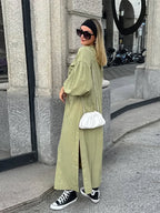 Casual Street Lace Up Long Dresses Women New Chic Loose V-neck Side Slit Solid Dress Female Summer Versatiel Street Party Robes