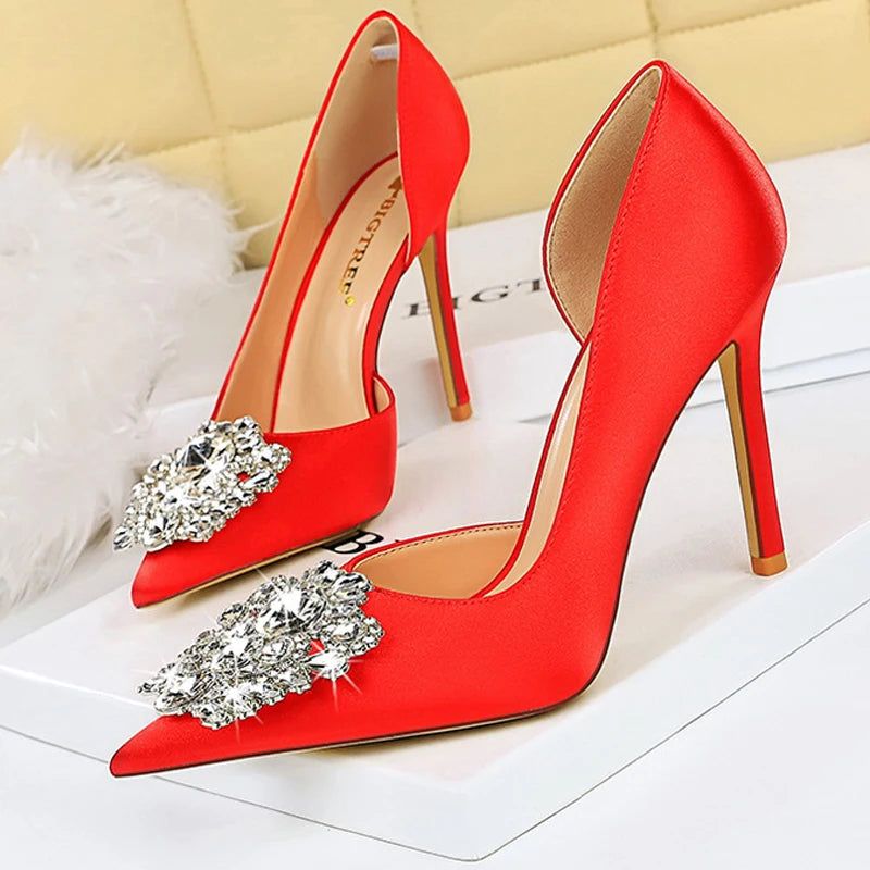 Satin Rhinestone High Heels for Women - Elegant Banquet Stilettos Lady Heels