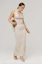 Halter Choker Cowl Neck Rib Knit Backless Bodycon Maxi Dress