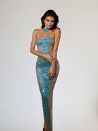 Halter Mock Neck Rhinestone Illusion Mesh Bodycon Maxi Dress