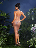 Halter Mock Neck Rhinestone Illusion Mesh Bodycon Maxi Dress