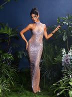 Halter Mock Neck Rhinestone Illusion Mesh Bodycon Maxi Dress