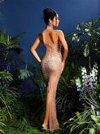 Halter Mock Neck Rhinestone Illusion Mesh Bodycon Maxi Dress