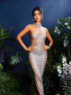 Halter Mock Neck Rhinestone Illusion Mesh Bodycon Maxi Dress