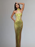 Halter Mock Neck Rhinestone Illusion Mesh Bodycon Maxi Dress
