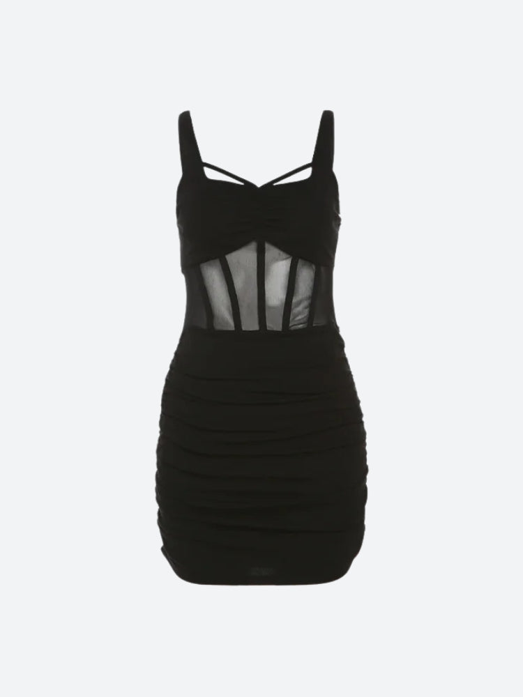 Sweetheart Criss Cross Strap Sheer Corset Panel Bodycon Mini Dress