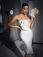 Strapless 3D Rosette Appliqué Bodycon Bandage Midi Dress