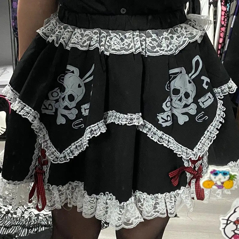 Bunny Skull Print Lace Trim Tiered Gingham Bow Mini Skirt