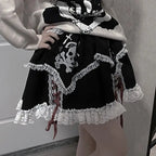 Bunny Skull Print Lace Trim Tiered Gingham Bow Mini Skirt