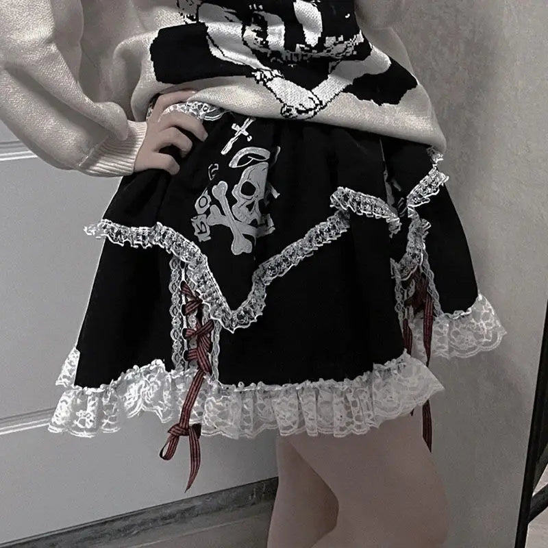 Bunny Skull Print Lace Trim Tiered Gingham Bow Mini Skirt