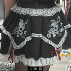 Bunny Skull Print Lace Trim Tiered Gingham Bow Mini Skirt