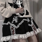 Bunny Skull Print Lace Trim Tiered Gingham Bow Mini Skirt