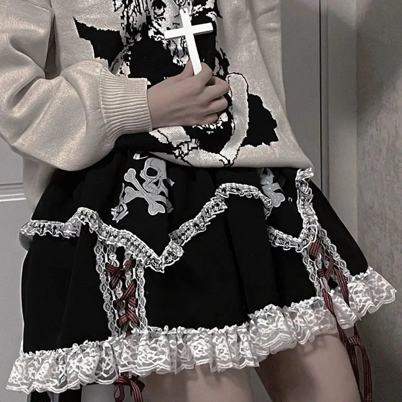 Bunny Skull Print Lace Trim Tiered Gingham Bow Mini Skirt