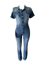Short Sleeve High Waist Denim Jumpsuits