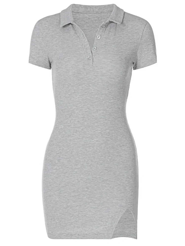 Polo Collar Button Placket Ribbed Knit Side Slit Mini Dress