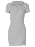 Polo Collar Button Placket Ribbed Knit Side Slit Mini Dress