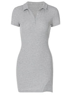 Polo Collar Button Placket Ribbed Knit Side Slit Mini Dress
