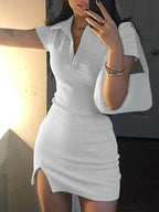 Rib Knit Polo Collar Short Sleeve Side Slit Bodycon Mini Dress