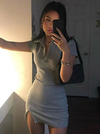 Polo Collar Button Placket Ribbed Knit Side Slit Mini Dress