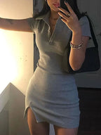 Ribbed Knit Polo Collar Button Placket Side Slit Bodycon Mini Dress