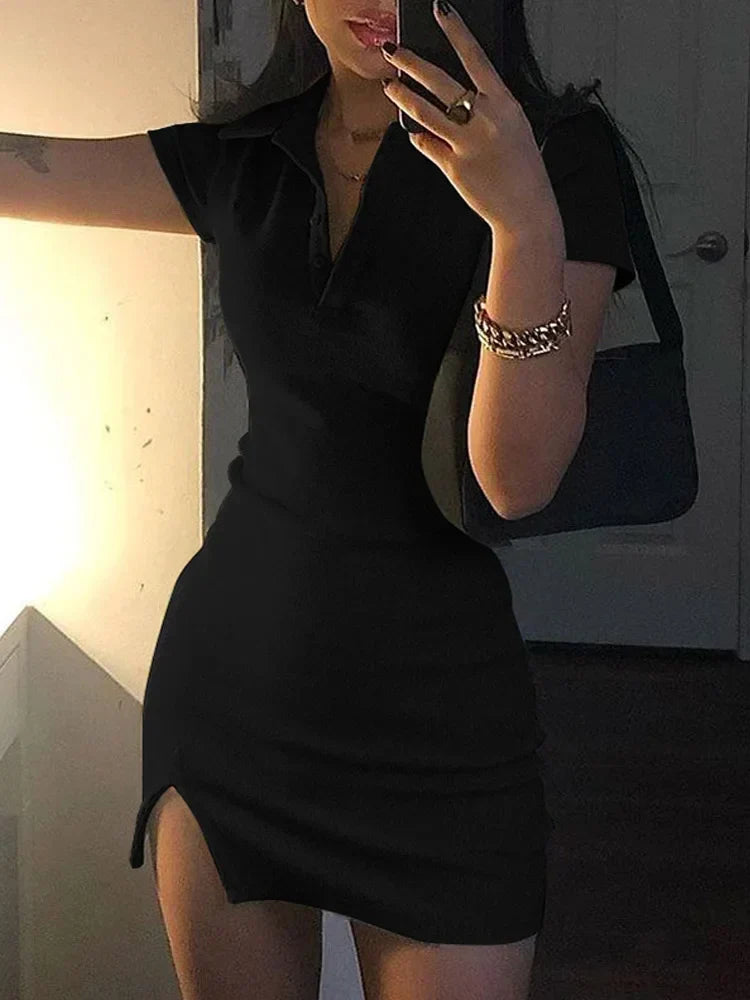 Rib Knit Polo Collar Short Sleeve Side Slit Bodycon Mini Dress