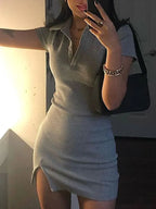 Polo Collar Button Placket Ribbed Knit Side Slit Mini Dress