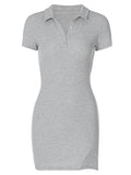 Ribbed Knit Polo Collar Button Placket Side Slit Bodycon Mini Dress