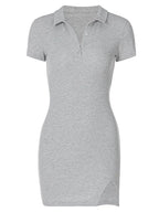 Ribbed Knit Polo Collar Button Placket Side Slit Bodycon Mini Dress