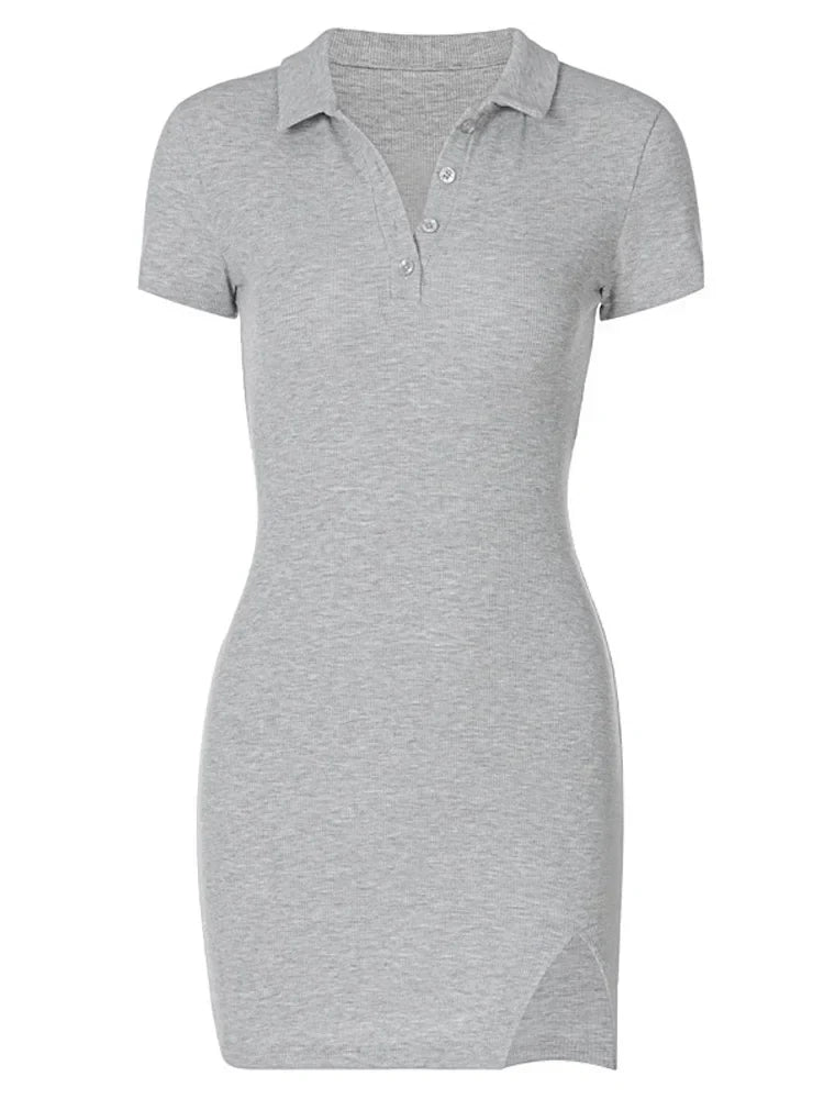 Ribbed Knit Polo Collar Button Placket Side Slit Bodycon Mini Dress