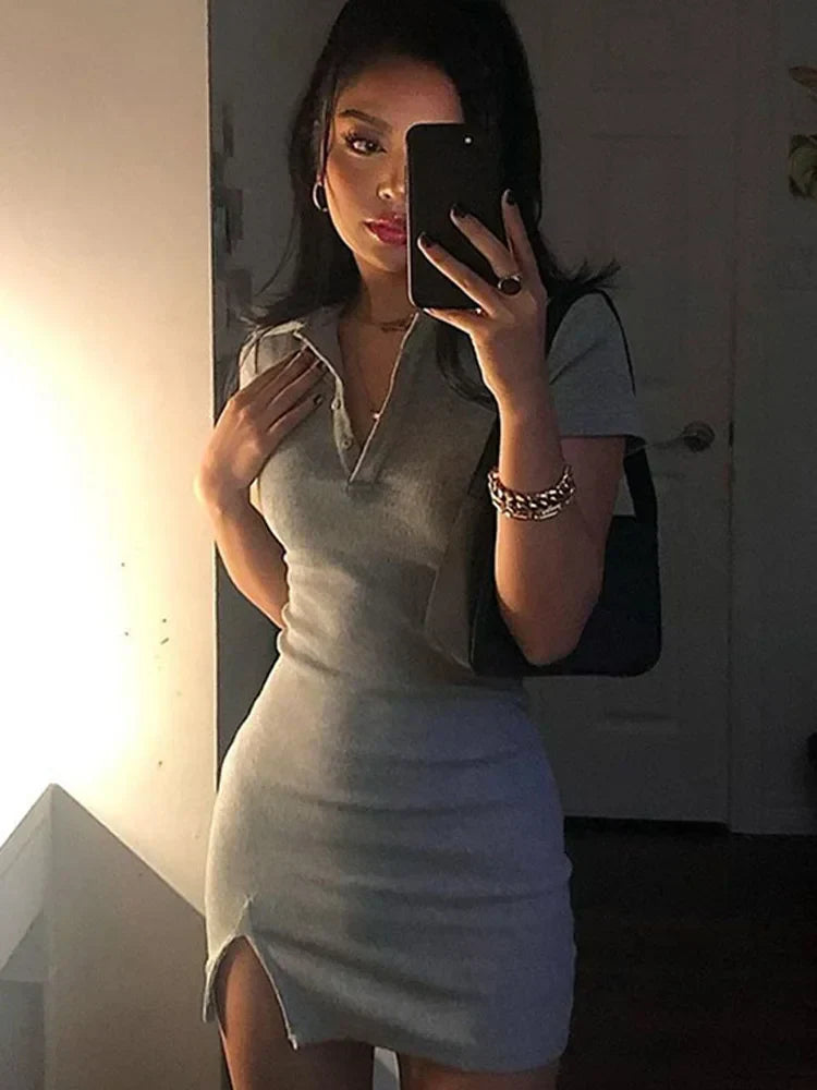 Polo Collar Button Placket Ribbed Knit Side Slit Mini Dress