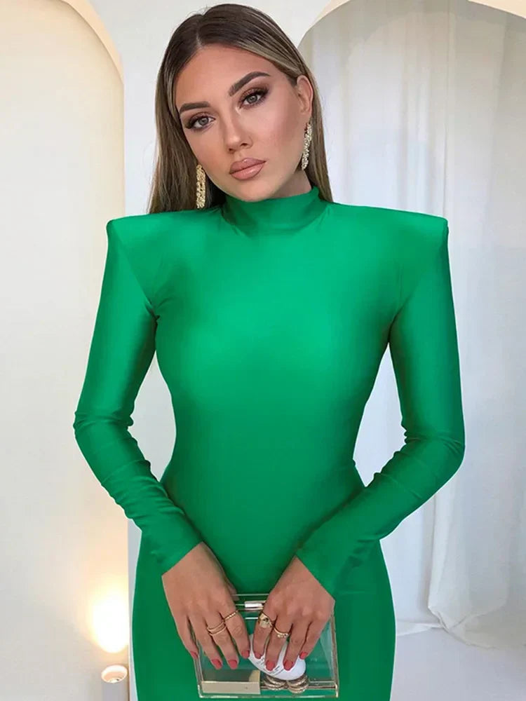Padded Shoulder Mock Neck Long Sleeve Bodycon Midi Dress