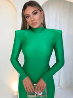 Padded Shoulder Mock Neck Long Sleeve Bodycon Midi Dress