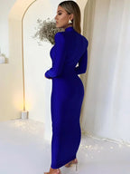 Padded Shoulder Mock Neck Long Sleeve Bodycon Midi Dress