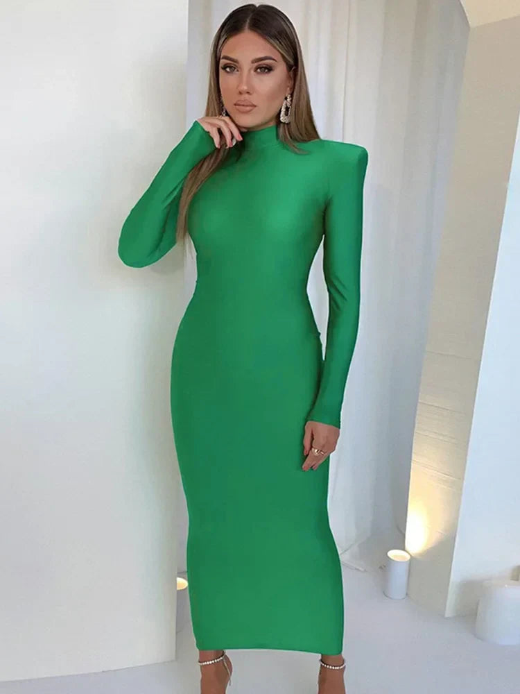 Padded Shoulder Mock Neck Long Sleeve Bodycon Midi Dress