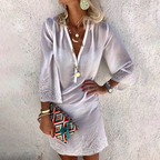 Velvet V-Neck Bell Sleeve Embroidered Eyelet Hem Mini Dress