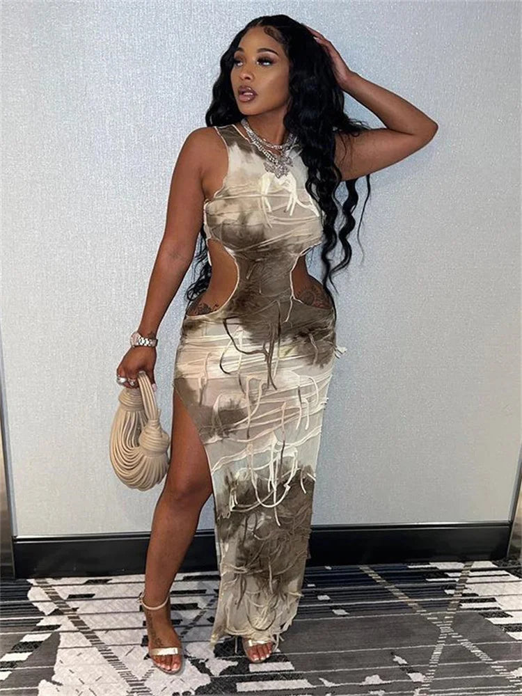 Tie Dye Print Distressed Shredded Fringe Side Cut Out High Split Bodycon Maxi Dress