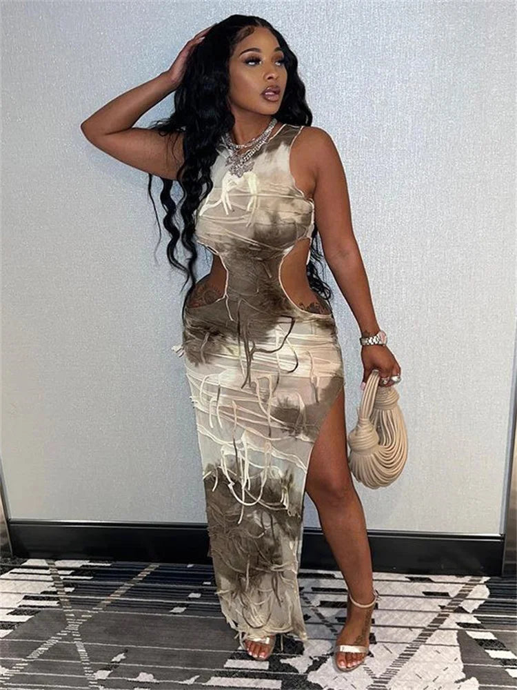 Tie Dye Print Distressed Shredded Fringe Side Cut Out High Split Bodycon Maxi Dress