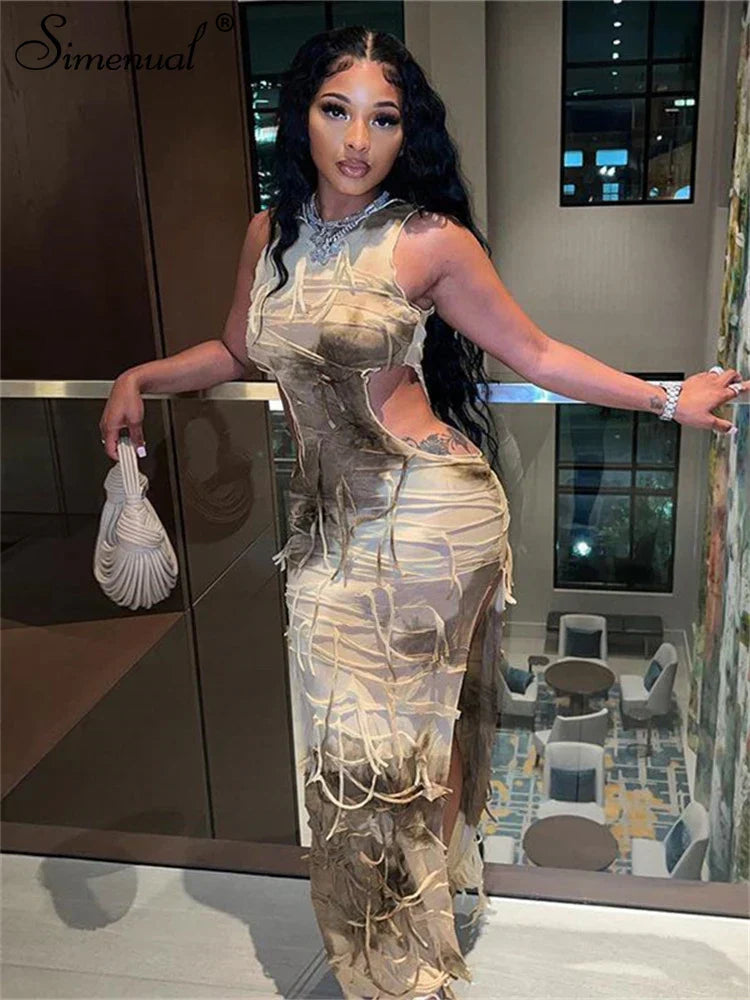 Tie Dye Print Distressed Shredded Fringe Side Cut Out High Split Bodycon Maxi Dress