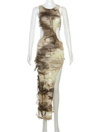 Tie Dye Print Distressed Shredded Fringe Side Cut Out High Split Bodycon Maxi Dress