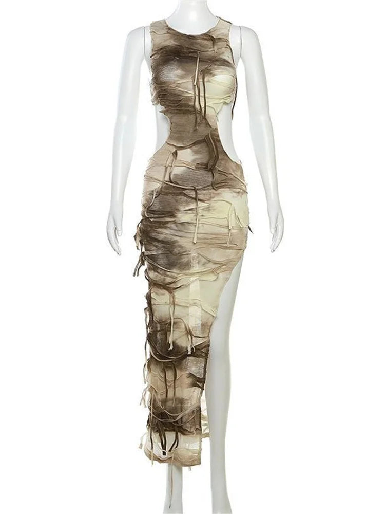 Tie Dye Print Distressed Shredded Fringe Side Cut Out High Split Bodycon Maxi Dress