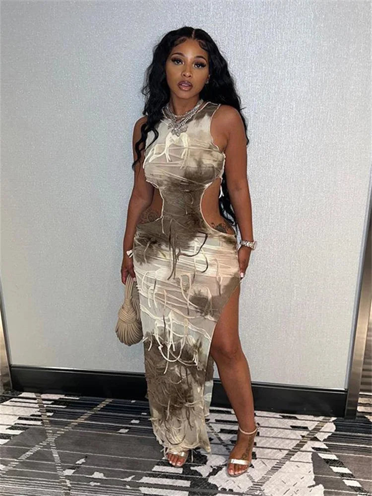 Tie Dye Print Distressed Shredded Fringe Side Cut Out High Split Bodycon Maxi Dress