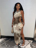 Tie Dye Print Distressed Shredded Fringe Side Cut Out High Split Bodycon Maxi Dress