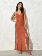 Ribbed Knit Spaghetti Strap Scoop Neck Side Slit Bodycon Midi Dress