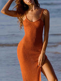 Ribbed Knit Spaghetti Strap Scoop Neck Side Slit Bodycon Midi Dress